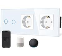 TAWOIA Interruttore della luce intelligente WiFi Touch (neutro richiesto) con doppia presa normale, pannello in vetro, controllo vocale Alexa, funziona con Smart Life e app Tuya, 2 posti 1 via, bianco