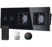 TAWOIA Interruttore della luce Smart Wlan Touch (neutro necessario) con doppia presa normale, pannello in vetro, controllo vocale Alexa, lavoro con Smart Life e app Tuya, 2 scomparti a 1 vie, nero
