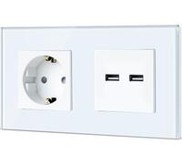 TAWOIA Presa Schuko da parete, 1 scomparto con doppia USB 5 V x 3,1 A (max 15 W), cornice in vetro di cristallo, presa per 16 A, presa con USB bianca, 86 x 157 mm