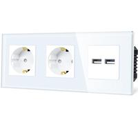 TAWOIA Presa Schuko da parete, 2 scomparti con doppia USB 5 V x 3,1 A (max 15 W), cornice in vetro di cristallo, presa per 16 A, presa con USB bianca, 86 x 228 mm