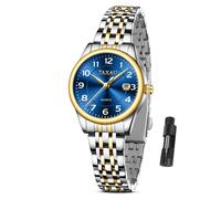 Taxau Orologio da donna con cinturino in acciaio inox, al quarzo, analogico, impermeabile, alla moda, 8863-silver cinturino oro quadrante blu, round