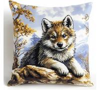 Taxpy Kit Fai Da Te Per Cuscini Con Gancio A Scatto Per Adulti Principianti, Carino Piccolo Lupo 43X43Cm Kit Cuscino Con Tela Prestampata, Simpatico Gancio A Scatto Decorare La Casa E Il Divano