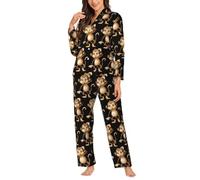 TAyang Pigiama da donna con stampa scimmia, set da 2 pezzi a maniche lunghe da notte, Nero , S