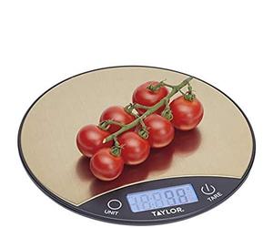 Taylor Pro Bilancia da Cucina Rotonda Sottile, Compatta, Standard Professionale, Funzione Tara ad Alta Precisione, Acciaio Inox Effetto Ottone, Portata Massima 5 kg