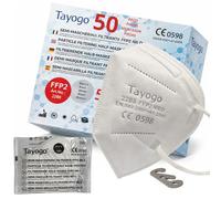 Tayogo 50 Mascherine FFP2 Bianche Certificate CE 0598 - 5 Strati, Filtrazione ≥ 99,5% - Anallergiche, Comode, Prive di Odore Mascherina Bianca Ultra Confortevole Confezionate Singolarmente + Gancetto