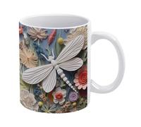 Tazza 3D con libellula bianca e fiori selvatici, tazza da caffè con libellula floreale, comoda da tenere in mano, regalo di compleanno per uomini, donne, mogli, mariti, figlie, amici, 11 once