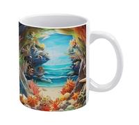 Tazza 3D con paesaggio estivo da spiaggia e buco nel muro, tazza da spiaggia 3D, conchiglie da spiaggia 3D nella tazza, tazza da caffè unica da 11 once | Divertente tazza da caffè, novità per gli aman