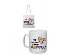 tazza 8x10 e borsa poliestere 36x40 scritta ti vogliamo bene maestra scuola