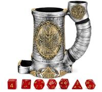 Tazza a torre per dadi, con set di 7 dadi, adatta per DND Dungeons and Dragons, giochi da tavolo, disponibile come portabevande, regali di D&D, accessori DND (armatura grigio-oro)