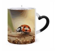 Tazza cangiante con coccinella arancione su sfondo beige, 11 once, tazza da caffè con manico a forma di orecchio, divertenti tazze in ceramica, tazze personalizzate, tazze da tè calde per regali da