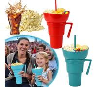 Tazza combinata per snack e bevande, 2 in 1, per snack e bevande, con ciotola per snack sulla parte superiore, per giovani e adulti, perfetta per stadio, viaggi, serate al cinema (rosso + blu)