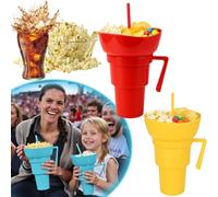 Tazza combinata per snack e bevande, 2 in 1, per snack e bevande, con ciotola per snack sulla parte superiore, per giovani e adulti, perfetta per stadio, viaggi, serate al cinema (rosso e giallo)