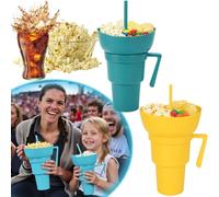 Tazza combinata per snack e bevande, 2 in 1, per snack e bevande, con ciotola per snack sulla parte superiore, per giovani e adulti, perfetta per stadio, viaggi, serate al cinema (blu e giallo)