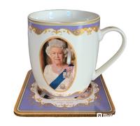 Tazza commemorativa e sottobicchiere Sua Maestà la Regina Elisabetta II regal...