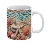 Tazza con design a stella marina 3D, tazza da spiaggia con conchiglie 3D, tazza da caffè con conchiglie e fiori estivi da spiaggia 3D - Idea divertente per il compleanno di mamma, papà, marito e mogli