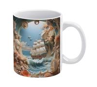 Tazza con paesaggio oceanico 3D, tazza da caffè in ceramica con nave bianca 3D nell'oceano, divertente regalo di compleanno o di Natale per la mamma - Tazza da caffè da 11 once, tazza da tè bianca