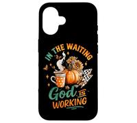 Tazza con scritta in inglese "In the Waiting God Is Working Cozy Fall Custodia per iPhone 16