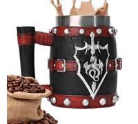 Tazza da birra medievale, con manico, 600 ml, imitazione botte di legno, stile retrò, in acciaio inox, per caffè, bevande, succhi