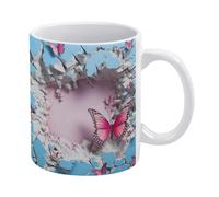 Tazza da caffè 3D con crepe nel muro e farfalle rosa, tazza dipinta in 3D, design creativo per spazi multiuso, tazza per donne e uomini, 11 once