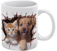 Tazza da caffè 3D con cucciolo e gattino, buco nel muro, tazza dipinta in 3D, design creativo per spazi multiuso, tazza per donne e uomini, 11 once