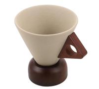 Tazza da Caffè Ceramica 250ml con Base in Legno Stile giapponese | Espresso e Latte, Forma a Imbuto con Manico Ergonomico, Beige, Tavolo Stabile