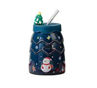 Tazza da caffè con bicchieri di cannuccia e coperchio 3D, tazze di Natale in ceramica, per bere l'inverno, caffè caldo, tazza di cocco, regalo per il giorno del Ringraziamento (blu)