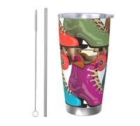 Tazza da caffè con coperchio e cannuccia, da 590 ml, a doppia parete, con isolamento sottovuoto, adatta per portabicchieri dell'auto, stile retrò, colorato, con pattini a rotelle, tazza termica in