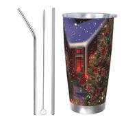 Tazza da caffè con coperchio e cannuccia, da 590 ml, a doppia parete, con isolamento sottovuoto, adatta per portabicchieri da auto, tazza da viaggio natalizia in acciaio inox