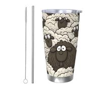 Tazza da caffè con coperchio e cannuccia, da 590 ml, a doppia parete, con isolamento sottovuoto, adatta per portabicchieri dell'auto, tazza termica in acciaio inox con pecore bianche e nere
