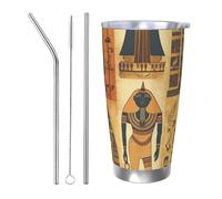 Tazza da caffè con coperchio e cannuccia, da 590 ml, a doppia parete, con isolamento sottovuoto, adatta per portabicchieri dell'auto, serie tribale dell'antico Egitto, tazza termica in acciaio inox