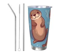 Tazza da caffè con coperchio e cannuccia, da 590 ml, a doppia parete, con isolamento sottovuoto, adatta per portabicchieri dell'auto, motivo: animali carini, lontre marroni, tazza da viaggio in
