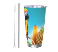 Tazza da caffè con coperchio e cannuccia, da 590 ml, a doppia parete, con isolamento sottovuoto, adatta per portabicchieri da auto, pappagallo estivo, ananas e uccelli, tazza termica in acciaio inox