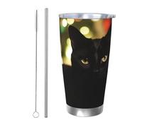 Tazza da caffè con coperchio e cannuccia, da 590 ml, a doppia parete, con isolamento sottovuoto, adatta per portabicchieri dell'auto, tazza termica natalizia con gatto nero