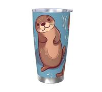 Tazza da caffè con coperchio e cannuccia, da 590 ml, a doppia parete, con isolamento sottovuoto, adatta per portabicchieri dell'auto, motivo: animali carini, lontre marroni, tazza da viaggio in