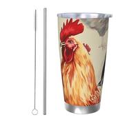 Tazza da caffè con coperchio e cannuccia, da 590 ml, a doppia parete, con isolamento sottovuoto, adatta per portabicchieri auto, arte animale, pittura di pollo, tazza da viaggio in acciaio inox