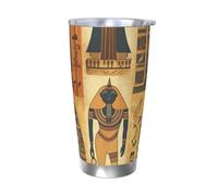Tazza da caffè con coperchio e cannuccia, da 590 ml, a doppia parete, con isolamento sottovuoto, adatta per portabicchieri dell'auto, serie tribale dell'antico Egitto, tazza termica in acciaio inox