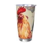 Tazza da caffè con coperchio e cannuccia, da 590 ml, a doppia parete, con isolamento sottovuoto, adatta per portabicchieri auto, arte animale, pittura di pollo, tazza da viaggio in acciaio inox
