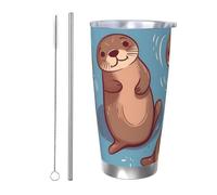 Tazza da caffè con coperchio e cannuccia, da 590 ml, a doppia parete, con isolamento sottovuoto, adatta per portabicchieri dell'auto, motivo: animali carini, lontre marroni, tazza da viaggio in
