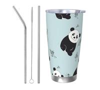 Tazza da caffè con coperchio e cannuccia, da 590 ml, a doppia parete, con isolamento sottovuoto, adatta per portabicchieri dell'auto, tazza termica in acciaio inox con panda in stile cartone animato