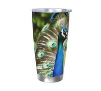 Tazza da caffè con coperchio e cannuccia, da 590 ml, a doppia parete, con isolamento sottovuoto, adatta per portabicchieri dell'auto, bellissima tazza da viaggio in acciaio inox con pavone
