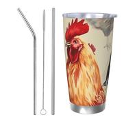 Tazza da caffè con coperchio e cannuccia, da 590 ml, a doppia parete, con isolamento sottovuoto, adatta per portabicchieri auto, arte animale, pittura di pollo, tazza da viaggio in acciaio inox