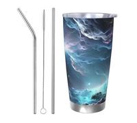 Tazza da caffè con coperchio e cannuccia, da 590 ml, a doppia parete, con isolamento sottovuoto, adatta per portabicchieri auto, grafica 3D, universo, spazio, tazza termica in acciaio inox