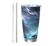 Tazza da caffè con coperchio e cannuccia, da 590 ml, a doppia parete, con isolamento sottovuoto, adatta per portabicchieri auto, grafica 3D, universo, spazio, tazza termica in acciaio inox