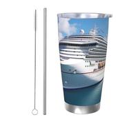 Tazza da caffè con coperchio e cannuccia, da 590 ml, a doppia parete, con isolamento sottovuoto, adatta per portabicchieri auto, navi da crociera, tazza termica in acciaio inox