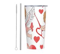 Tazza da caffè con coperchio e cannuccia, in acciaio inossidabile con isolamento termico Cupido e rose d'amore per San Valentino, 20 once