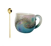 Tazza da caffè con cucchiaio, realizzata a mano, a tema oceano, con design testurizzato, vetro unico per caffè, vino, bevande ghiacciate (blu, 1 set)