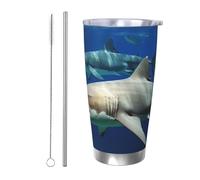Tazza da caffè con due squali bianchi con coperchio e cannuccia, in acciaio inox, da 590 ml, per bevande calde e fredde, a doppia parete, riutilizzabile, regalo di compleanno
