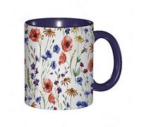 Tazza da caffè con fiori e papaveri, camomilla, fiordaliso, margherita, stampa rustica, blu navy, tazza da tè in ceramica con manico, per casa, ufficio, Natale, compleanno