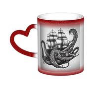 Tazza da caffè con manico, 12 once, con polpo e nave in bianco e nero, tazza da tè in ceramica con cambio colore sensibile al calore, tazze artistiche magiche e divertenti, tazza in porcellana, regalo