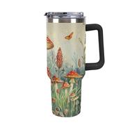 Tazza da caffè con manico e cannuccia isolata in acciaio inox, con funghi rossi nell'erba, capacità 1,18 l, grande capacità